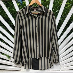 Sheer Black & Olive Green Stripped Button Up